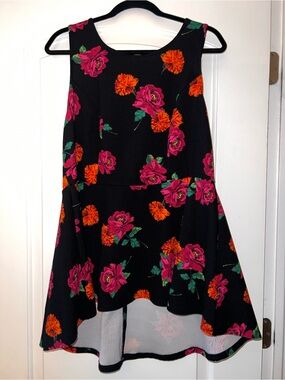Floral Peplum Tank Top — Black with Pink & Orange Blooms